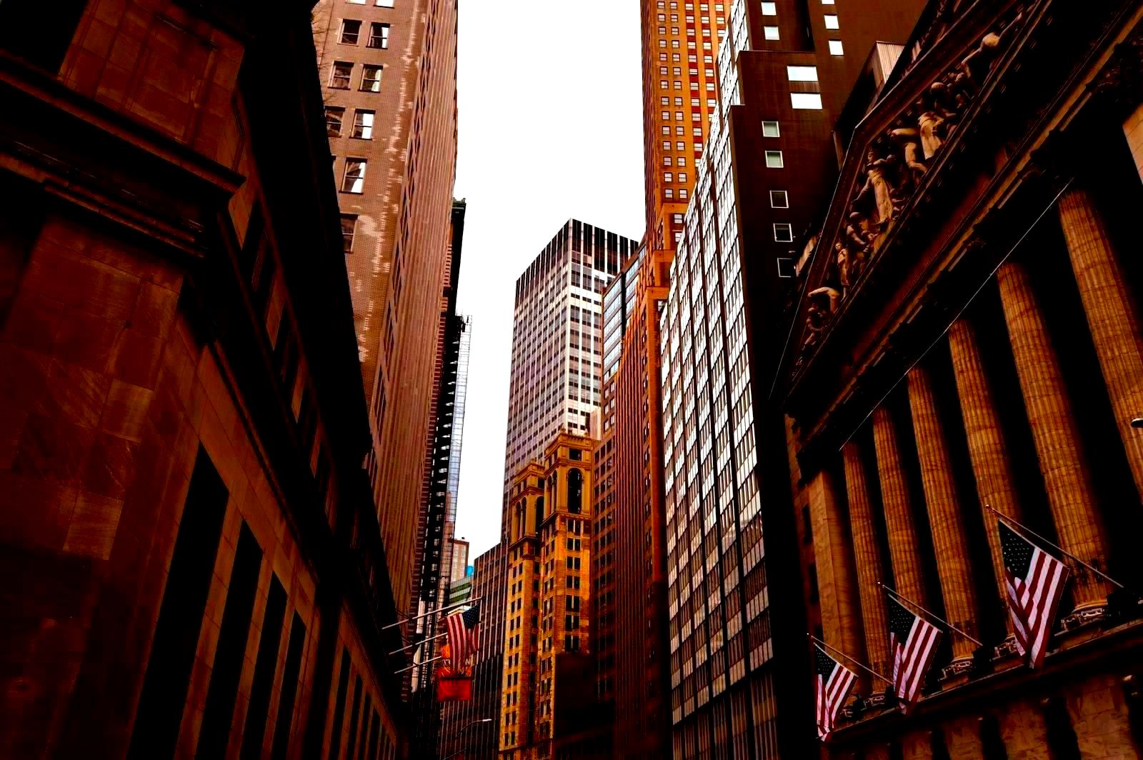 Iconic Wall Street skyline and financial district buildings New York City
