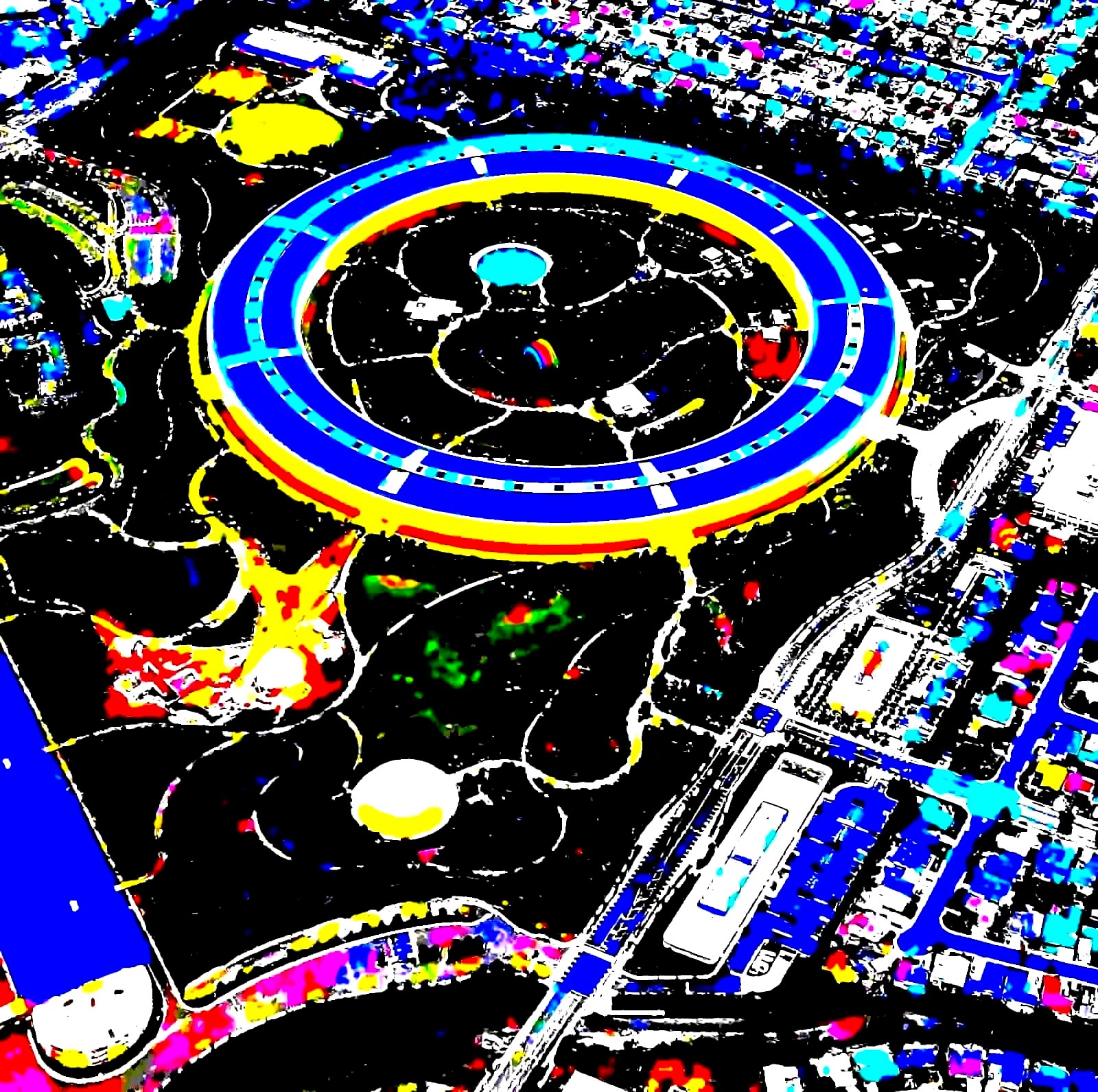 Apple Park campus aerial view at dusk