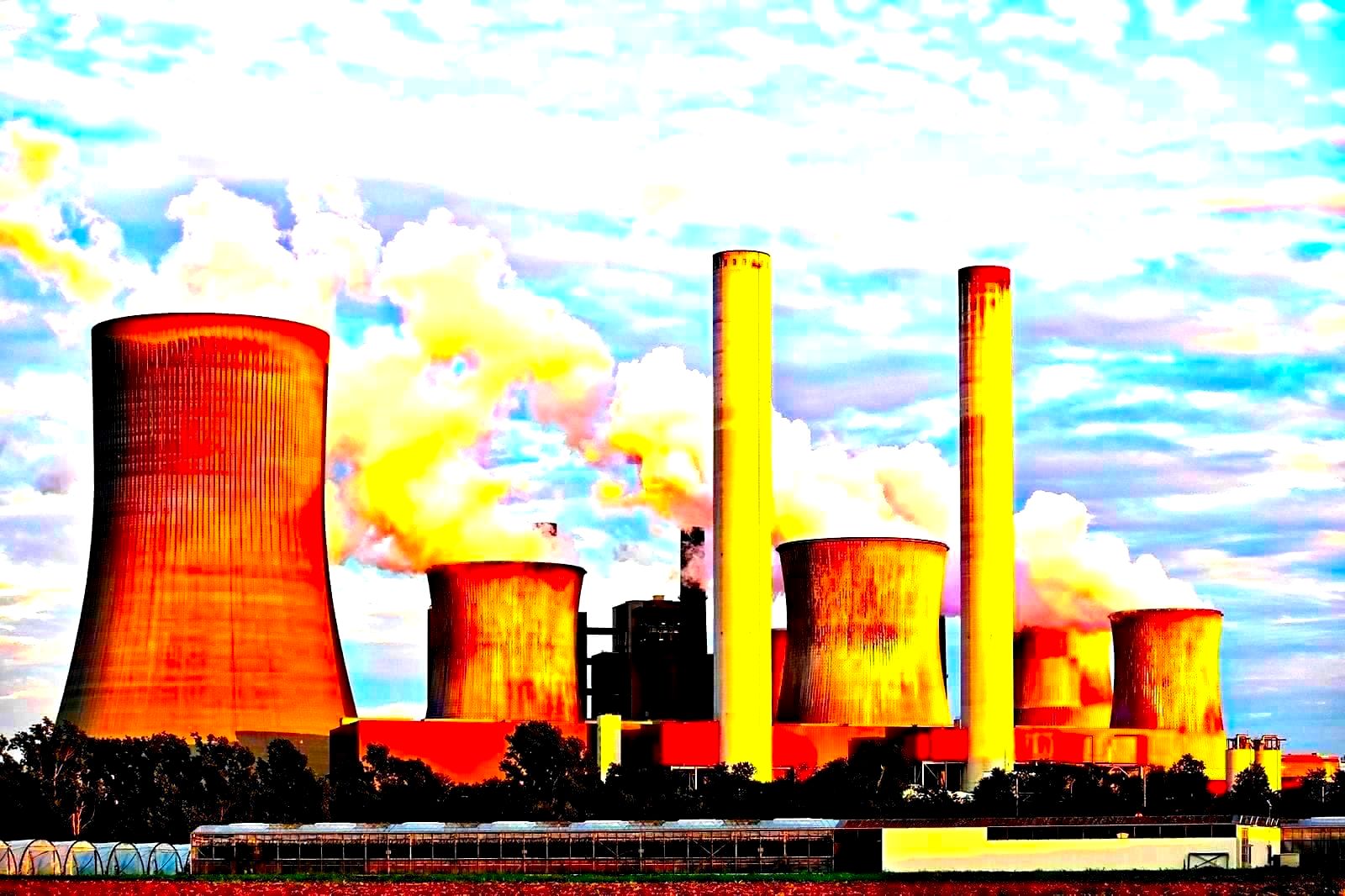 Industrial factory with smoke stacks showing emissions against a sunset sky